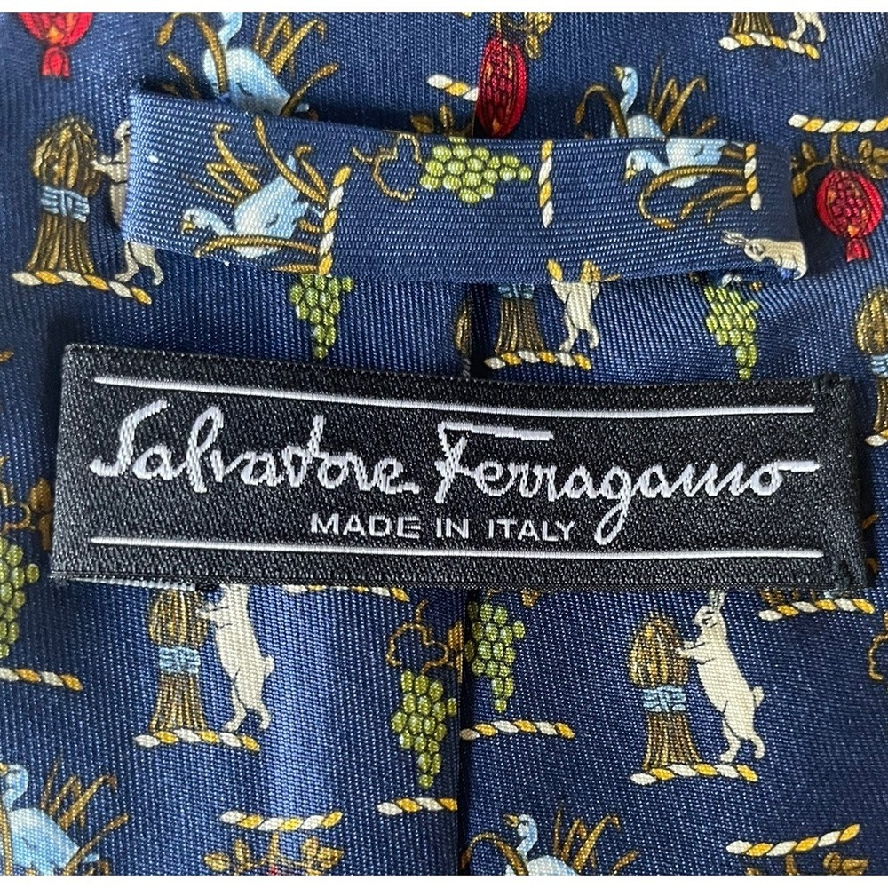 New Salvatore Ferragamo Silk Necktie Rabbit Fall Leaves Grapes 3.75" - 58" - Picture 2 of 8